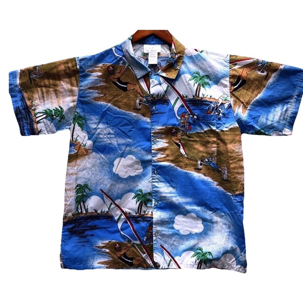 Vintage Repage Windsurfing Button Down‎ Shirt Mens XL Blue Tropical Beach Retro